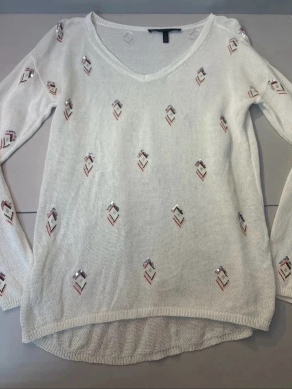 White House Black Market Cream V-Neck Sweater with Metallic Embellishments